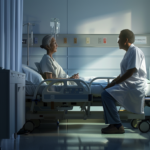 Hyper-realistic image depicting a physician sitting beside a hospital patient's bed, having a meaningful conversation, with a warm, empathetic atmosphere. The room is softly lit, focusing on the doctor-patient interaction, showing the comfort and trust between them. The environment feels calm and patient-centered.