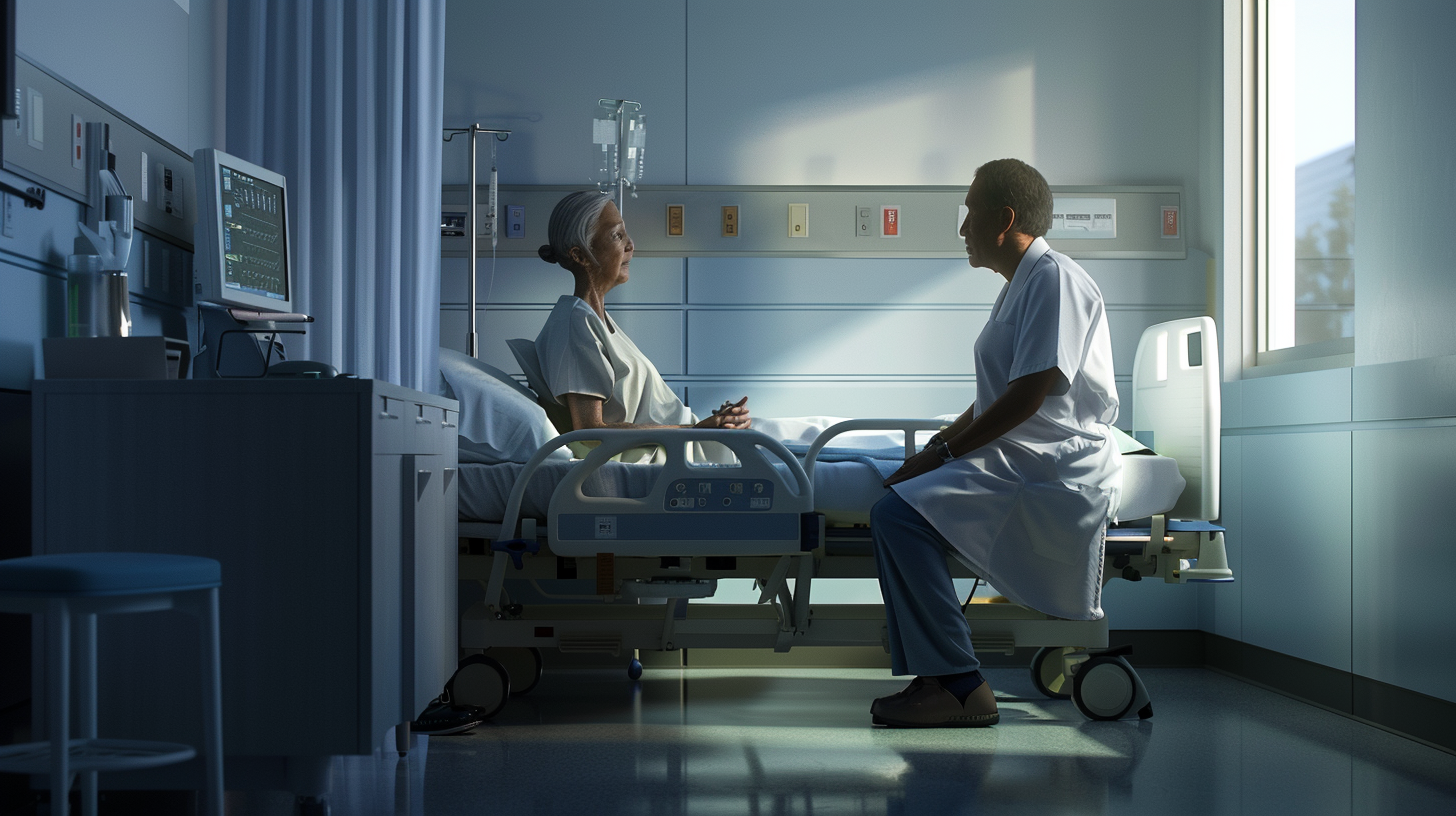 Hyper-realistic image depicting a physician sitting beside a hospital patient's bed, having a meaningful conversation, with a warm, empathetic atmosphere. The room is softly lit, focusing on the doctor-patient interaction, showing the comfort and trust between them. The environment feels calm and patient-centered.