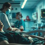 A patient in a hospital emergency department, a doctor administering a treatment involving cola for a food bolus impaction, modern medical equipment in the background, patient in a semi-upright position, doctor explaining procedure, clinical setting.