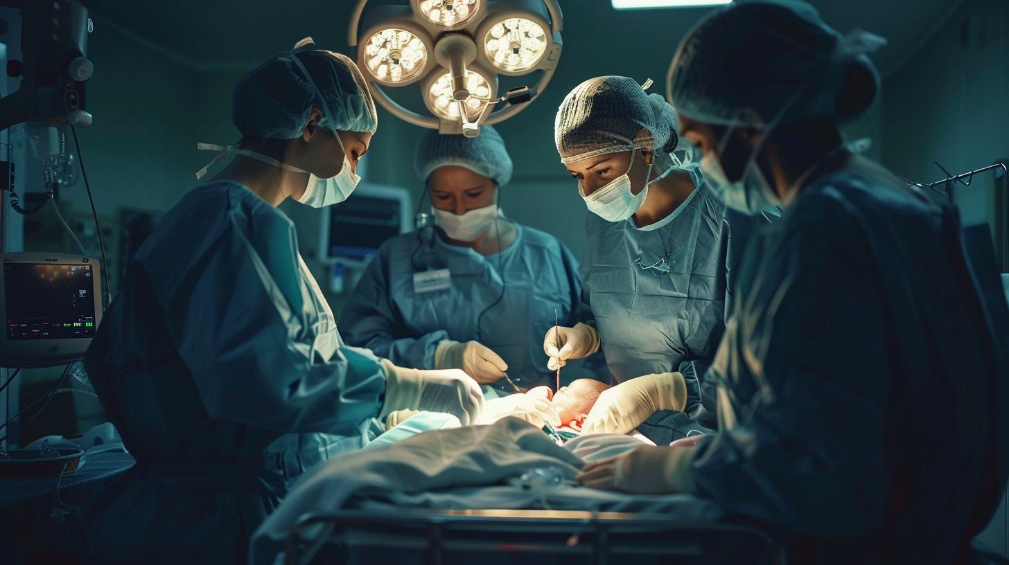 Medical scene of childbirth in a hospital setting, with a focus on the procedure of lateral episiotomy during vacuum-assisted delivery. The image should depict the medical professionals at work, a focused atmosphere, and the care given to the mother and newborn.