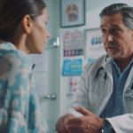 A patient in a modern healthcare setting, consulting with a doctor, discussing non-surgical treatment options for gallstone disease. The scene captures calm interaction and highlights gallstone-related health discussions. The background includes medical posters and equipment, suggesting a clinical environment, with both patient and doctor appearing engaged and focused.