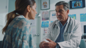 A patient in a modern healthcare setting, consulting with a doctor, discussing non-surgical treatment options for gallstone disease. The scene captures calm interaction and highlights gallstone-related health discussions. The background includes medical posters and equipment, suggesting a clinical environment, with both patient and doctor appearing engaged and focused.