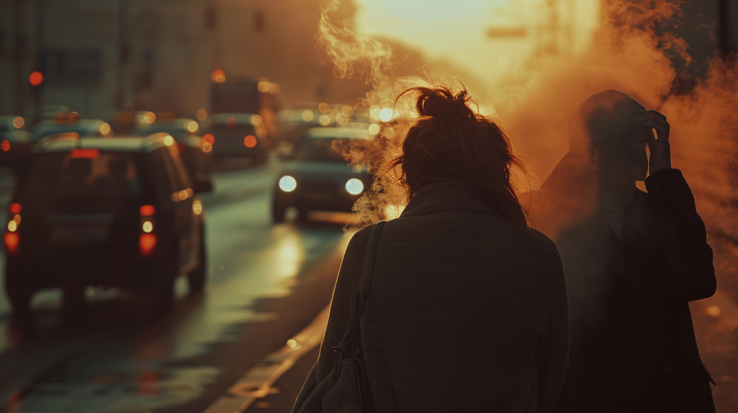 A highly detailed image showcasing a polluted urban environment with a man and woman visibly affected. The man stands near a busy road inhaling fumes, while the woman covers her ears, disturbed by loud traffic noises. The scene conveys environmental distress, infertility struggles, and the unseen impact of pollution on health.