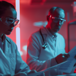 A dystopian scene of medical researchers examining redacted clinical trial documents in a futuristic lab. The documents are heavily censored, with black lines obscuring critical data. Researchers look puzzled and frustrated, as if scientific progress is slipping away.