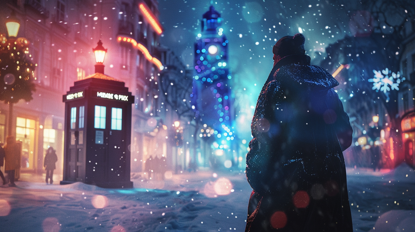 A doctor in a festive setting with a sci-fi atmosphere, surrounded by vibrant colors and advanced technology, saving lives during Christmas. In the background, a glowing TARDIS against a snowy night sky.