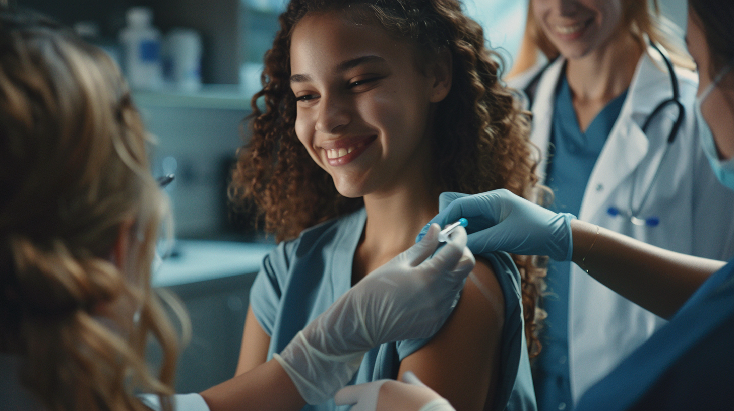 Healthcare setting with a focus on HPV vaccination. Show a diverse group of women, varying in age and ethnicity, receiving vaccinations in a clinical environment. Emphasize themes of prevention, healthcare access, and well-being.