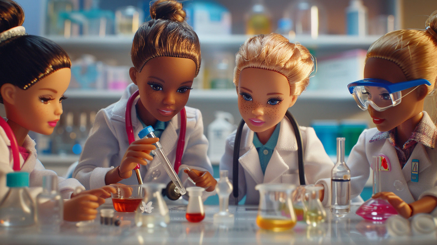 Young girls playing with Barbie dolls dressed as doctors, scientists, and nurses. Include various ethnicities and highlight professional medical and laboratory settings, such as hospitals and research labs. The dolls should be portrayed wearing accurate medical gear, like stethoscopes, lab coats, and goggles.