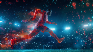 A football player sprinting under stadium lights, surrounded by digital data overlays showcasing heart rate spikes and muscle strain points, illustrating the invisible physiological stress leading to injury. The player is mid-motion, with ghostly data trails accentuating their movement.