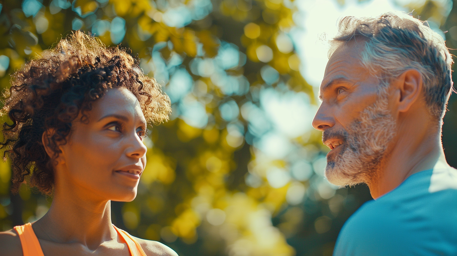 A health coach encouraging a middle-aged adult to engage in physical exercise in an outdoor setting, focusing on gentle encouragement through conversation. The adult is responding positively, displaying determination. Background includes greenery and clear skies. The mood conveys motivation, empowerment, and transformation.