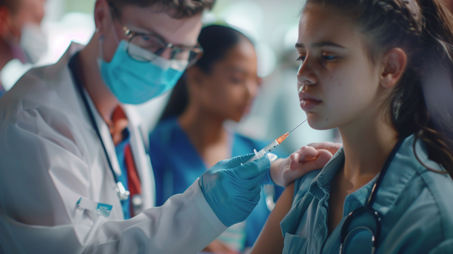 Healthcare professional administering a single-dose vaccine in a public health setting. Highlight the intensity of focus on vaccination, with people awaiting their turn in the background, emphasizing protection against infectious diseases.