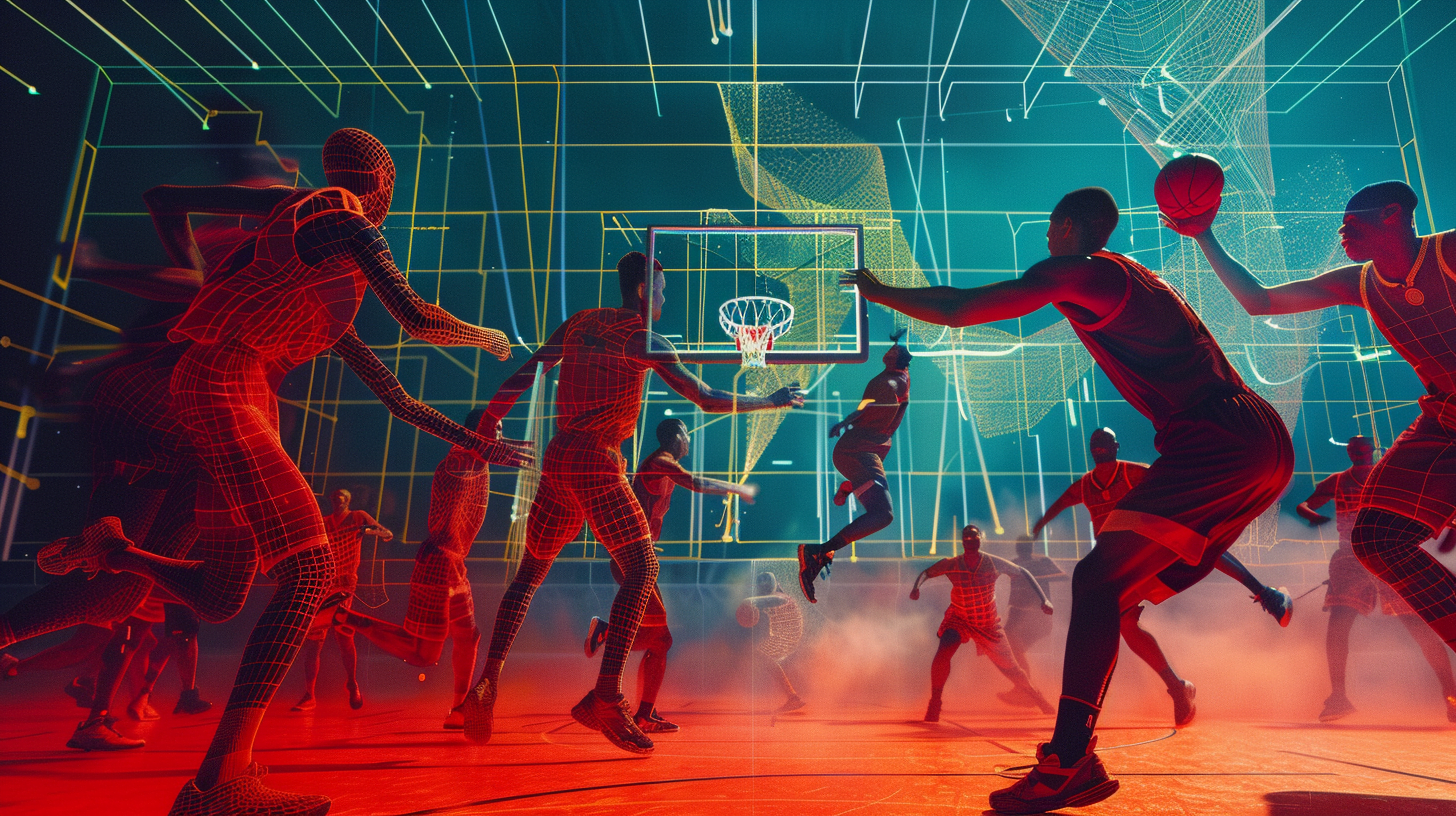 A group of elite basketball players sprinting on a court, with one player mid-jump reaching for a hoop. In the background, graphs and force vectors subtly illustrate muscle force data and dynamic strength calculations. The image should feel energetic and intense, capturing the power and agility of the athletes.