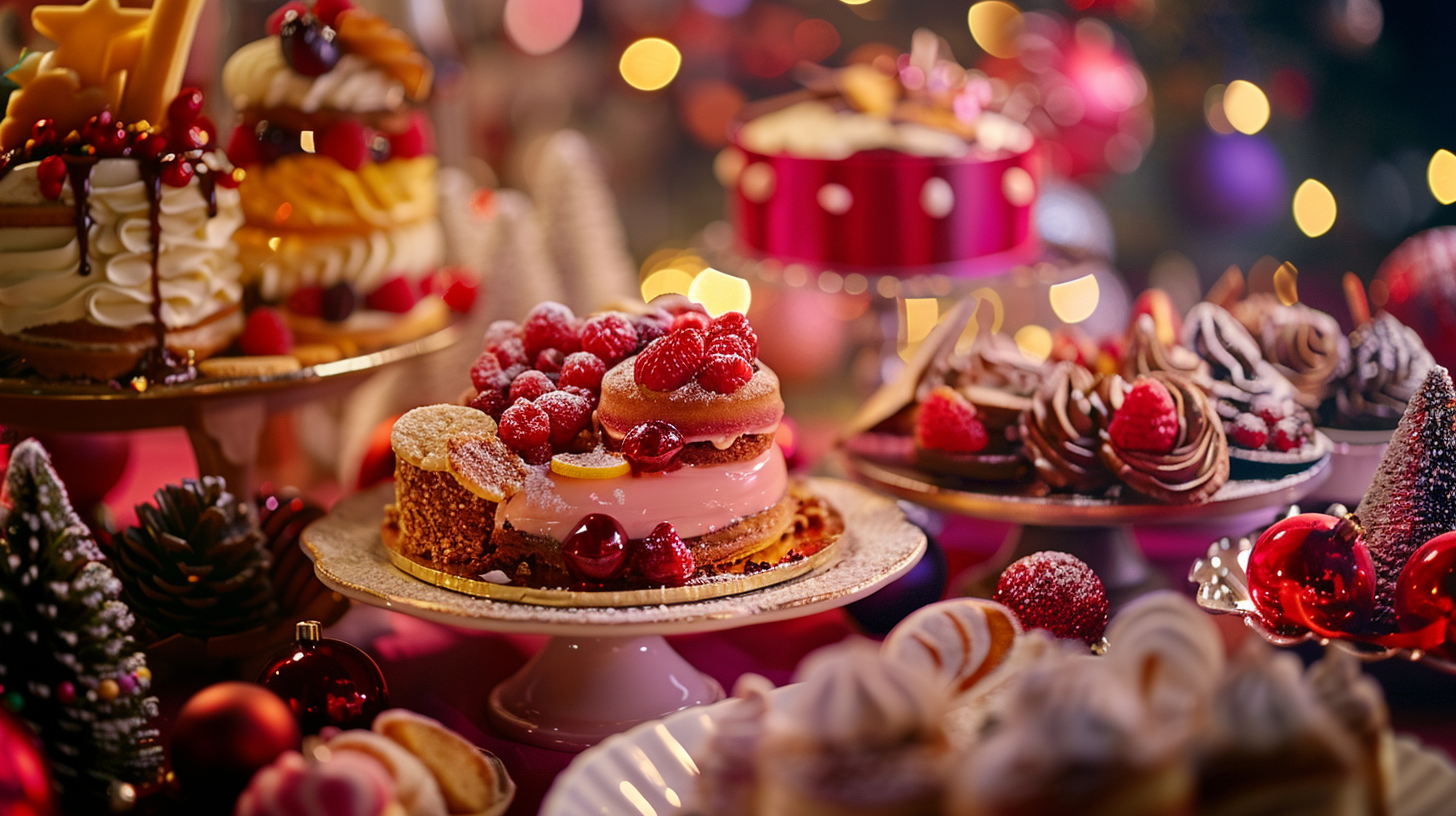 A festive scene of Christmas desserts from The Great British Bake Off, featuring an array of colorful, delicious cakes and pastries, some rich in fruits and nuts, others showcasing sweet layers of sugar and alcohol-based creams, with a vibrant holiday setting.