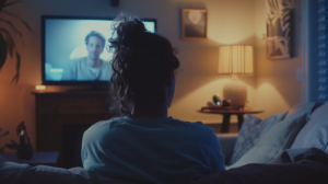 A scene showing a patient in a cozy home setting, engaging in a mental health video consultation with a caring therapist on a screen. The atmosphere is calm and supportive, emphasizing the connection and comfort of remote therapy.