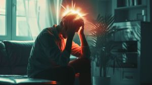 Hyperrealistic depiction of a person clutching their head in pain, sitting in a darkened room, with a visual representation of a glowing light (symbolizing relief) slowly enveloping their head. Display the concept of tension being relieved with a medical pill in the background subtly.