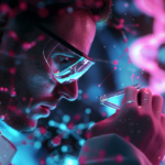 Hyper-realistic depiction of a male scientist observing genetic diagrams and DNA strands, test tubes. The background includes abstract visuals of blood flow and human anatomy. Vibrant colors and anatomical accuracy represent medical and scientific themes.